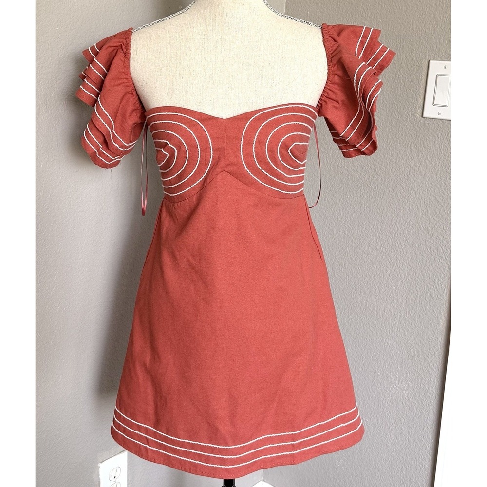 Strut & Bolt Terra Cotta (Rust) Off Shoulder Mini Dress Linen Blend Size Small